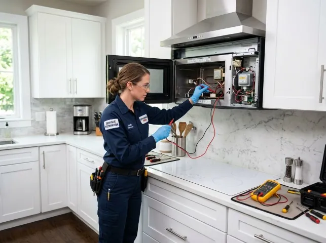 Appliance Repair Hero technician testing an over-the-range microwave in a Bridgewater, VA kitchen